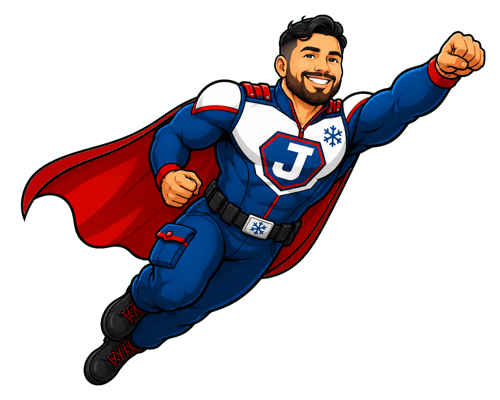 Super J mascot flying forward