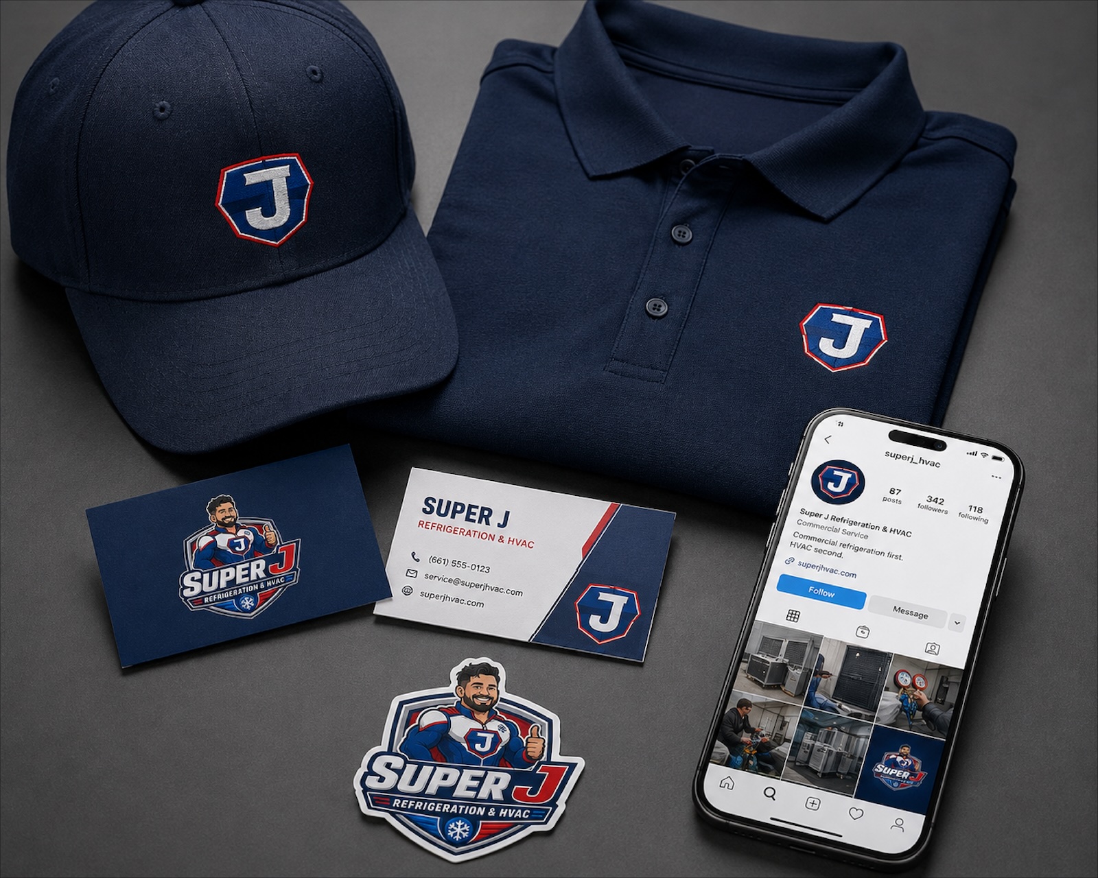 Super J embroidered cap and polo shown with coordinated business cards and social media artwork