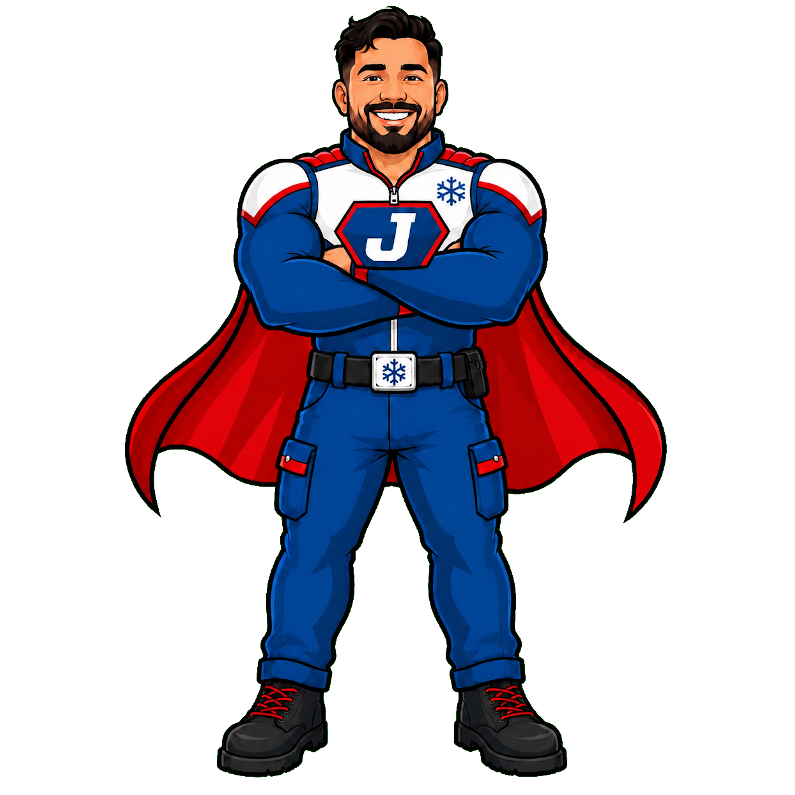 Super J mascot standing with arms crossed
