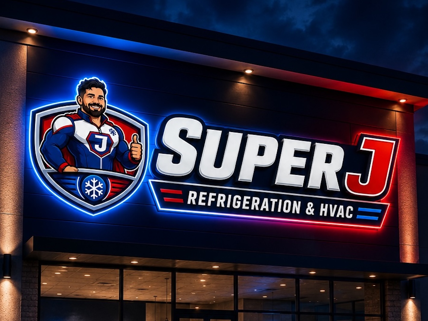 Super J storefront signage — lit channel lettering